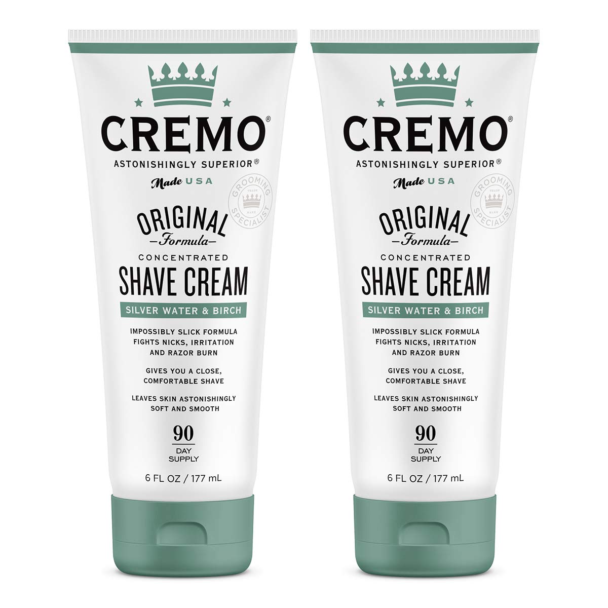 Cremo Barber Grade Silver Water & Birch Shave Cream, Astonishingly Superior Ultra-Slick Shaving Cream Fights Nicks, Cuts And Razor Burn, 6 Fl Oz (Pack of 2)