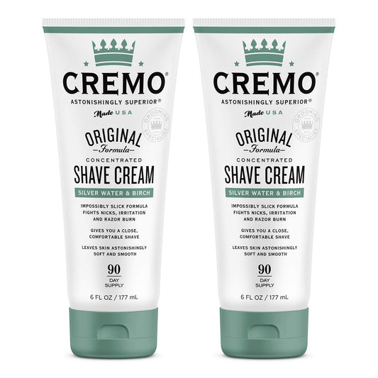 Cremo Barber Grade Silver Water & Birch Shave Cream, Astonishingly Superior Ultra-Slick Shaving Cream Fights Nicks, Cuts And Razor Burn, 6 Fl Oz (Pack of 2)