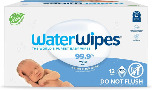 WaterWipes Plastic-Free Original Baby Wipes, 99.9% Water Based Wipes, Unscented & Hypoallergenic for Sensitive Skin, 60 Count (Pack of 12), Packaging...