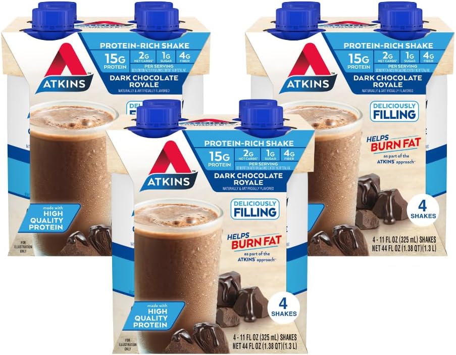 Atkins Dark Chocolate Royale Protein Shake, 15g Protein, Low Glycemic, 2g Net Carb, 1g Sugar, Keto Friendly, 12 Count