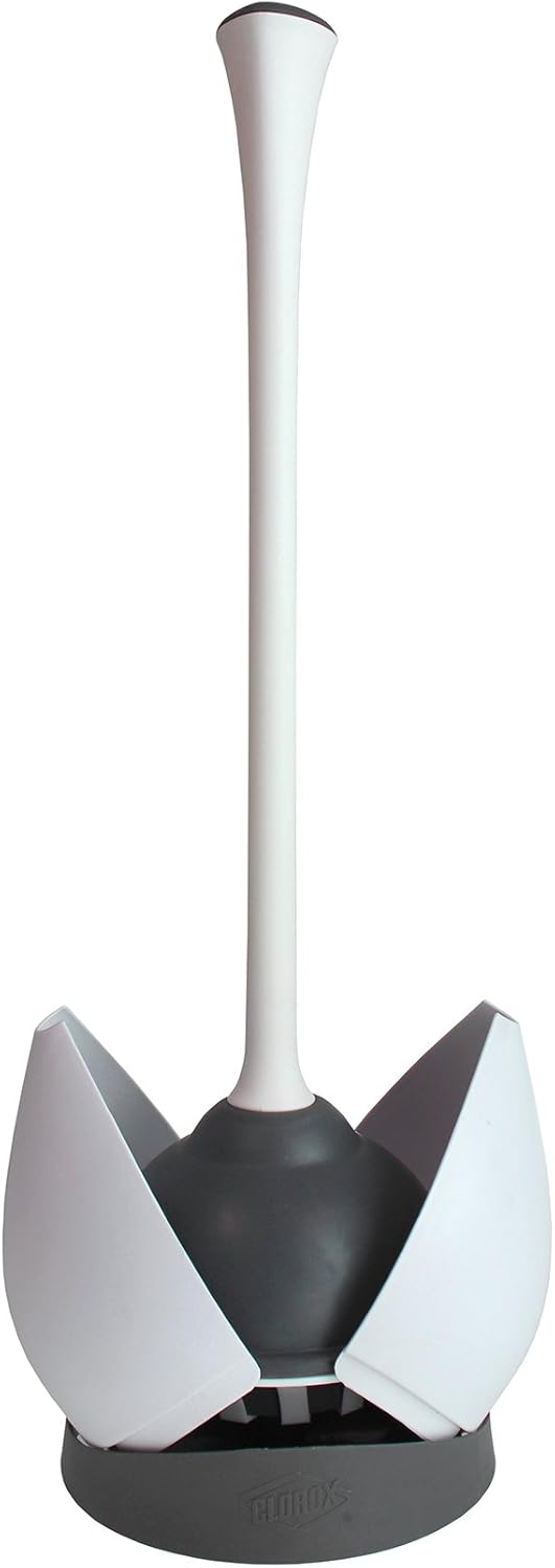 Clorox Toilet Plunger with Hideaway Storage Caddy, 6.5” x 6.5” x 19.5”, White/Gray