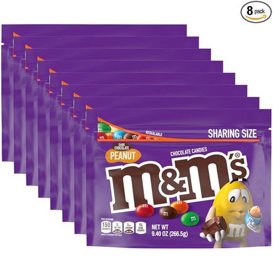 M&M'S Peanut Dark Chocolate Candy Bulk, 9.4 oz Resealable Bag (Pack of 8) ‰ÛÒ Dark Chocolate Candy Assortment for Parties, Movie Snacks, and Office Treats