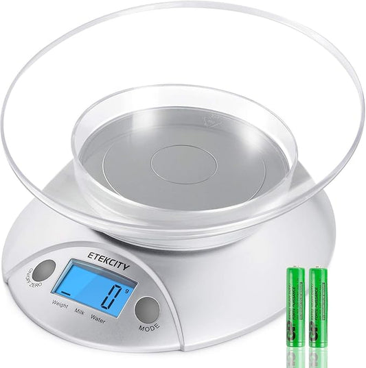 Etekcity Food Kitchen Scale With Bowl, Digital Ounces and Grams for Cooking, Baking, Meal Prep, Dieting, and Weight Loss, 11lb/5kg, Backlit Display