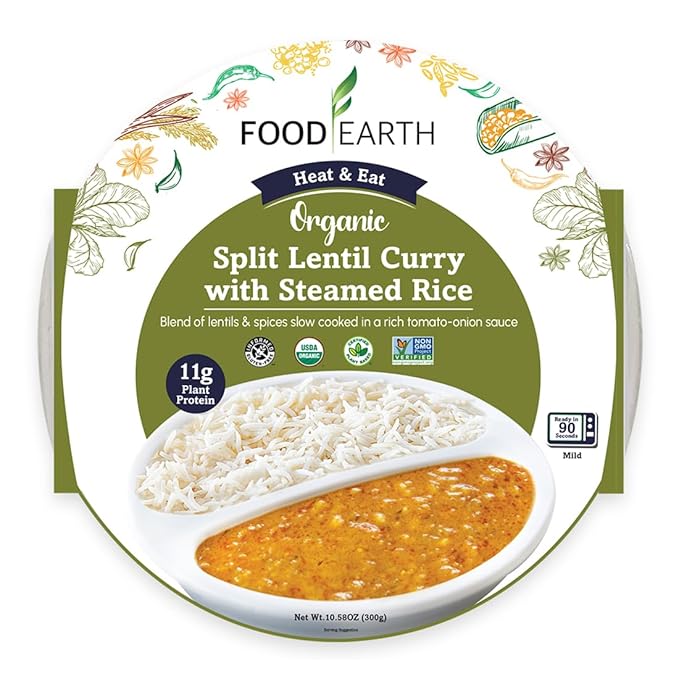 Food Earth Ready to Eat Indian Cuisine Ð Split Lentil Curry with Steamed Rice Ð Microwavable, Organic, Vegan, Gluten-Free, GMO-Free, Plant-Based Ð 10.58 oz Ð Pack of 6