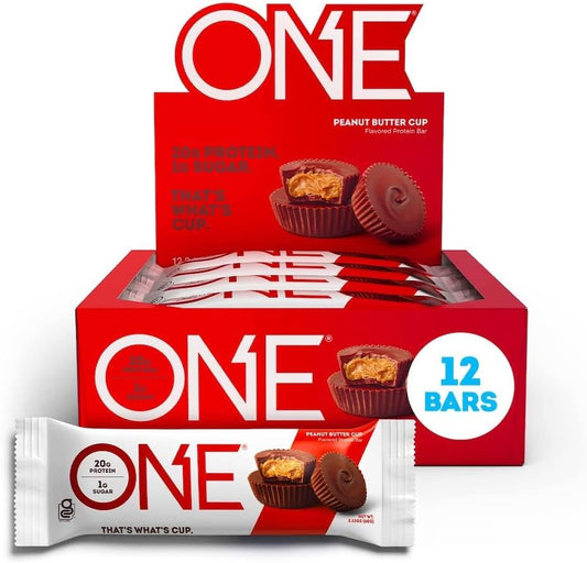 ONE Protein Bars, Peanut Butter Cup, Gluten Free Protein Bar with 20g Protein and only 1g Sugar, Snacking for High Protein Diets, 2.12 Ounce (12 Count) 
