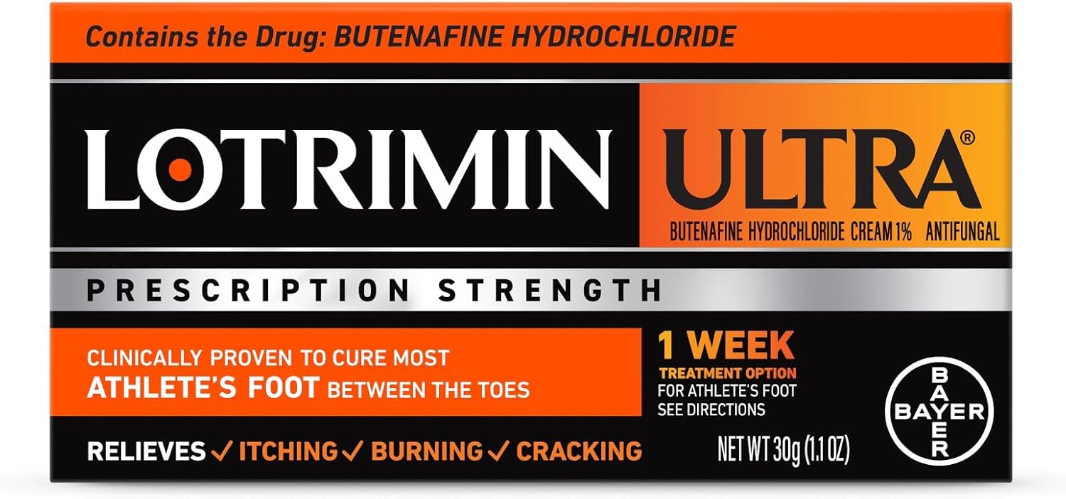 Lotrimin Ultra 1 Week Athlete's Foot Treatment, Prescription Strength Butenafine Hydrochloride 1%, Cures Most Athlete’s Foot Between Toes, Cream, 53 Ounce (15 Grams) (Packaging May Vary)? 
