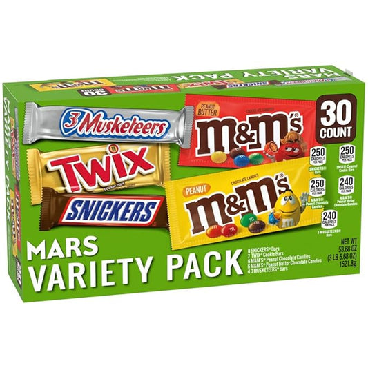 MARS CHOCOLATE SNICKERS, TWIX, MILKY WAY & 3 MUSKETEERS, Bulk Milk Chocolate Full Size Candy Bars, Halloween Chocolate Candy Variety Pack, 53.68 oz, 30 Bars
