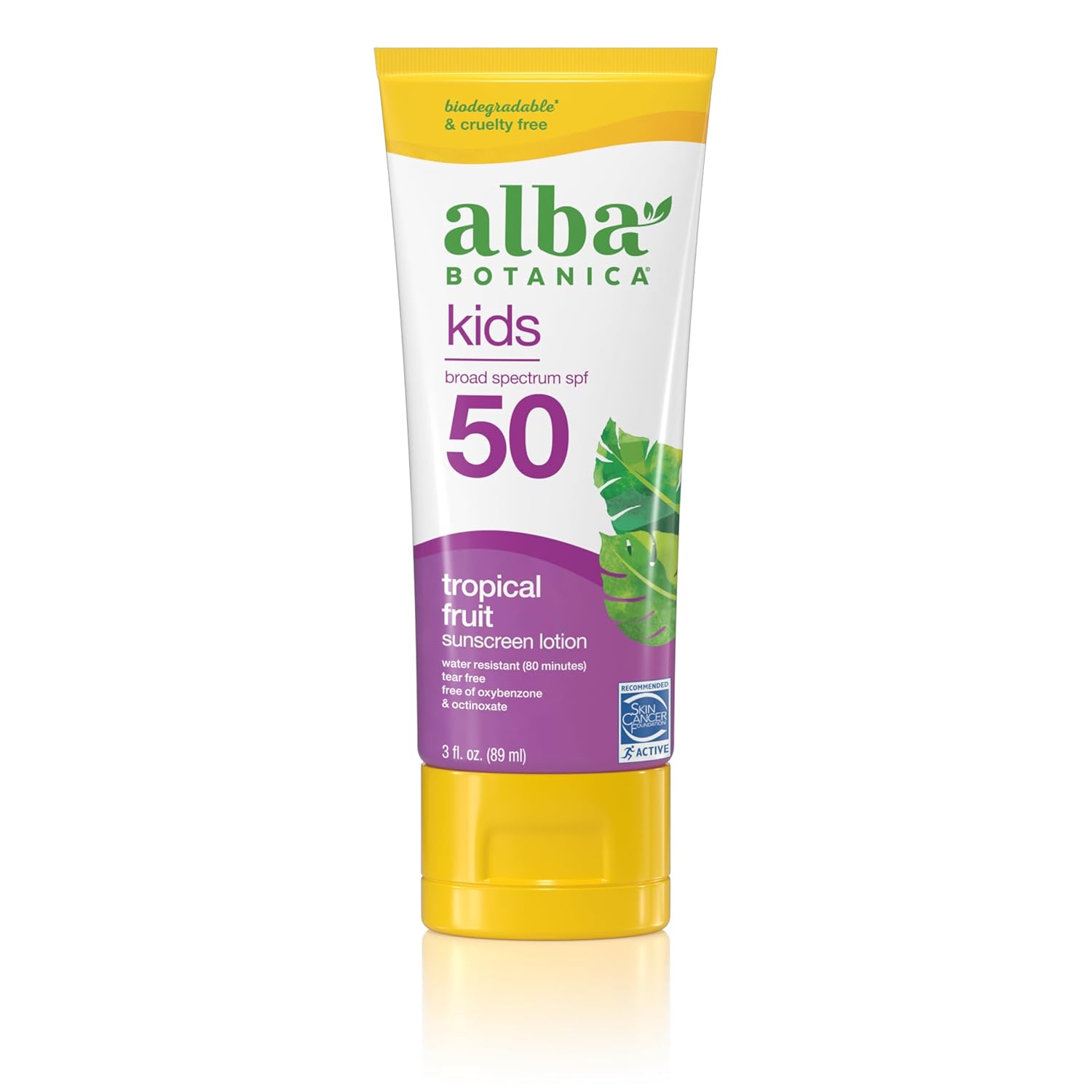 Alba Botanica Kids Sunscreen for Face and Body, Tropical Fruit Sunscreen Lotion for Kids, Broad Spectrum SPF 50, Water Resistant and Hypoallergenic, 3 fl....