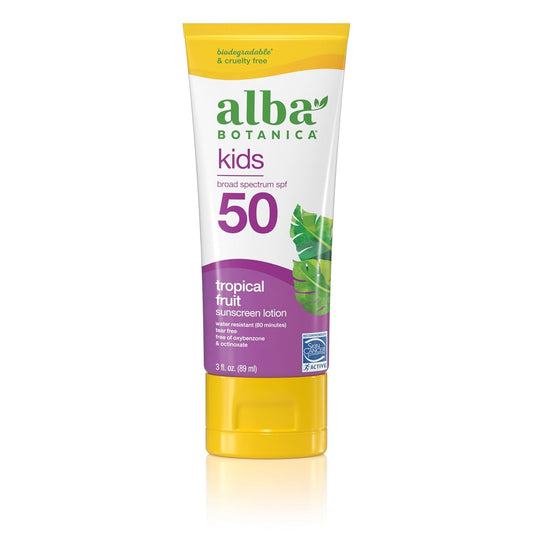 Alba Botanica Kids Sunscreen for Face and Body, Tropical Fruit Sunscreen Lotion for Kids, Broad Spectrum SPF 50, Water Resistant and Hypoallergenic, 3 fl....