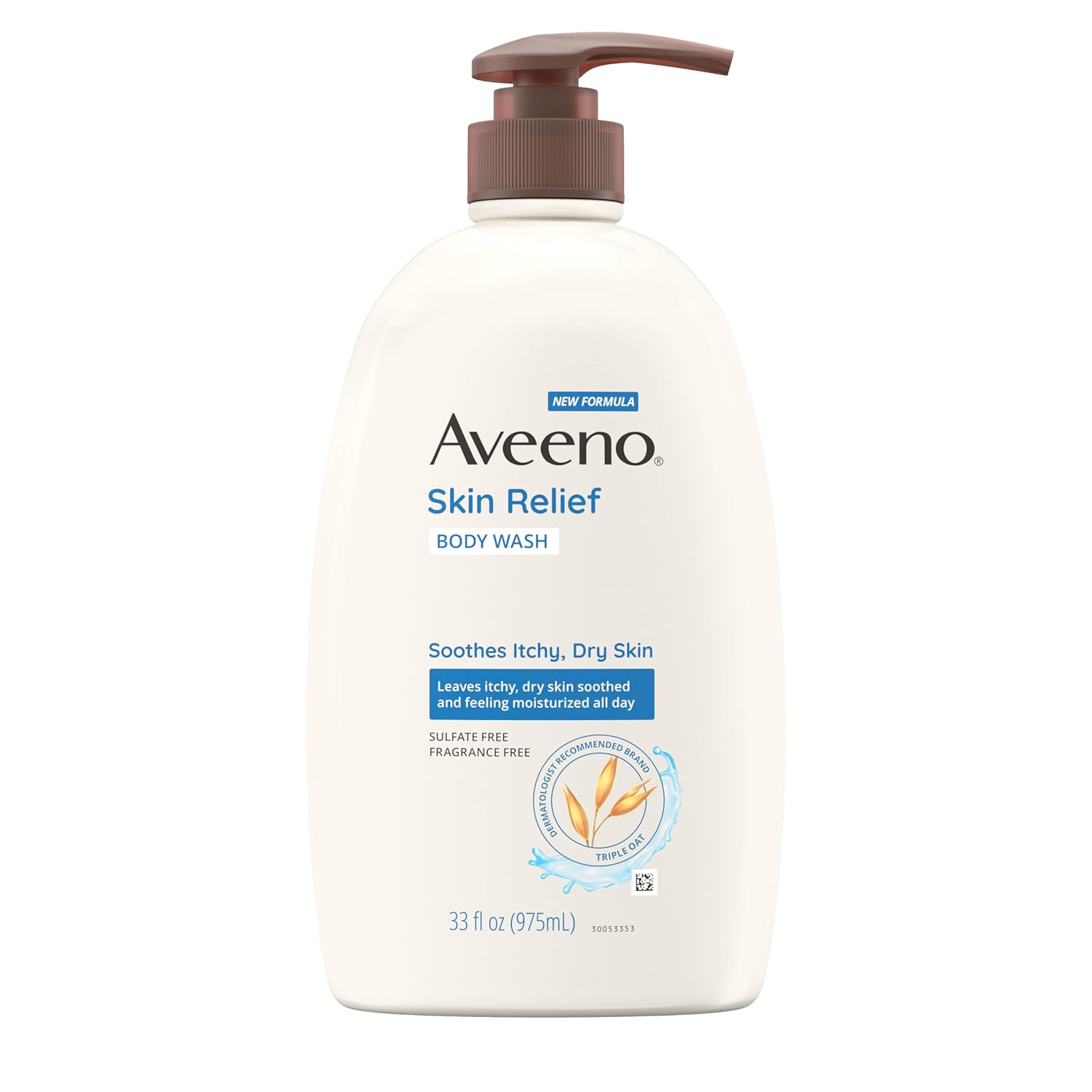 Aveeno Skin Relief Fragrance-Free Body Wash with Triple Oat Formula, Gentle Daily Cleanser for Sensitive Skin Leaves Itchy, Dry Skin Soothed & Feeling Moisturized, Sulfate-Free, 33 fl. oz