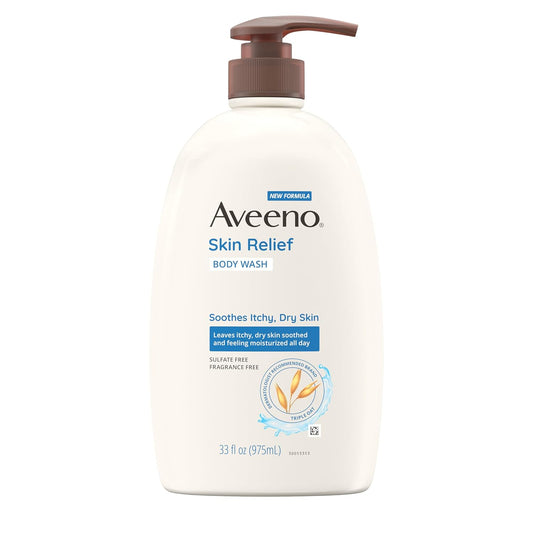 Aveeno Skin Relief Fragrance-Free Body Wash with Triple Oat Formula, Gentle Daily Cleanser for Sensitive Skin Leaves Itchy, Dry Skin Soothed & Feeling Moisturized, Sulfate-Free, 33 fl. oz