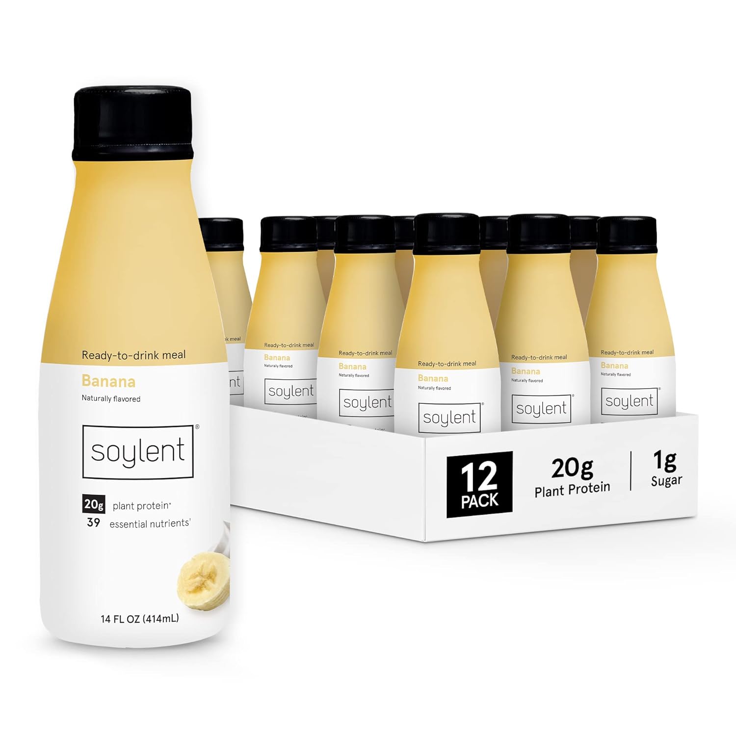 Soylent Banana Meal Replacement Shake, Ready-to-Drink Plant Based Protein Drink, Contains 20g Complete Vegan Protein and 1g Sugar, 14oz, 12 Pack