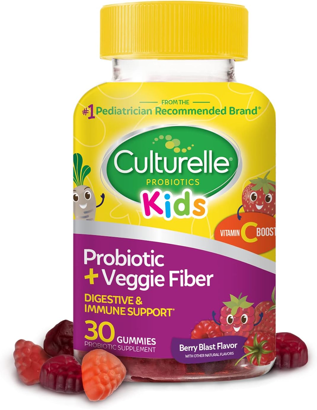 Culturelle Daily Probiotic for Kids + Veggie Fiber Gummies (Ages 3+) - 30 Count - Digestive Health & Immune Support – Berry Flavor with a Vitamin C Boost
