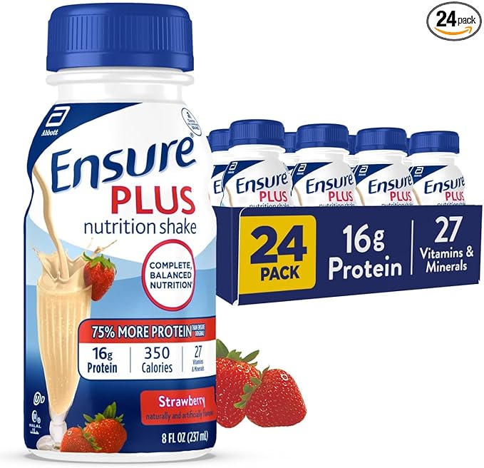 Ensure Plus Strawberry Nutrition Shake | Meal Replacement Shake | Ready To Drink | 16g Protein and 27 Vitamins and Minerals | 8 fl oz - 24 Pack