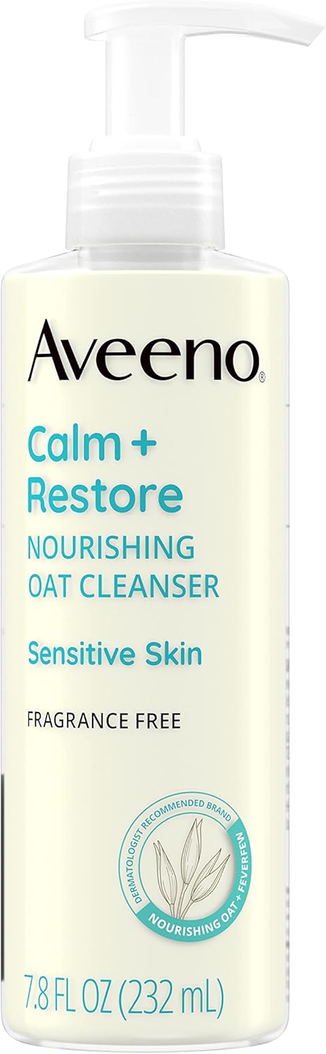 Aveeno Calm + Restore Nourishing Oat Face Cleanser for Sensitive Skin, Gentle Milky Cleanser with Nourishing Oat & Feverfew, to Preserve Skin's...