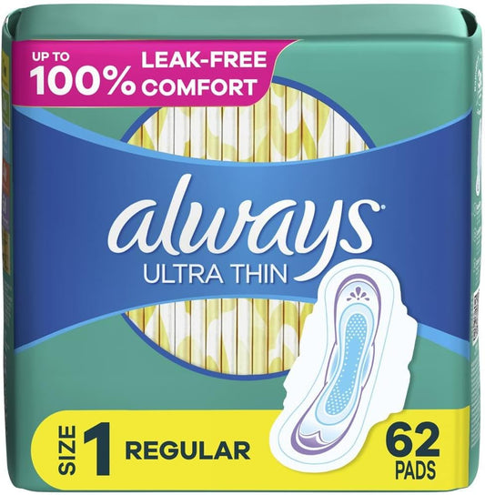 Always Ultra Thin Feminine Pads for Women, Size 1 Regular Absorbency, with Wings, Unscented, 62 Ct