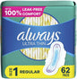 Always Ultra Thin Feminine Pads for Women, Size 1 Regular Absorbency, with Wings, Unscented, 62 Ct
