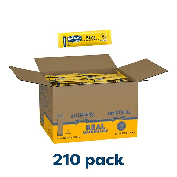 Best Foods Real Mayonnaise Stick Packets Easy Open, Condiment for Sandwiches, Salads, Mayo Made with 100% Cage Free Eggs, Gluten Free, 0.38 oz, Pack of 210