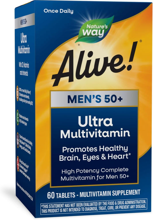 Nature's Way Alive! Men’s 50+ Daily Ultra Multivitamin, High Potency Formula, Supports Healthy Brain, Eyes & Heart*, with Methlyated B12, Gluten-Free, 60 Tablets (Packaging May Vary)