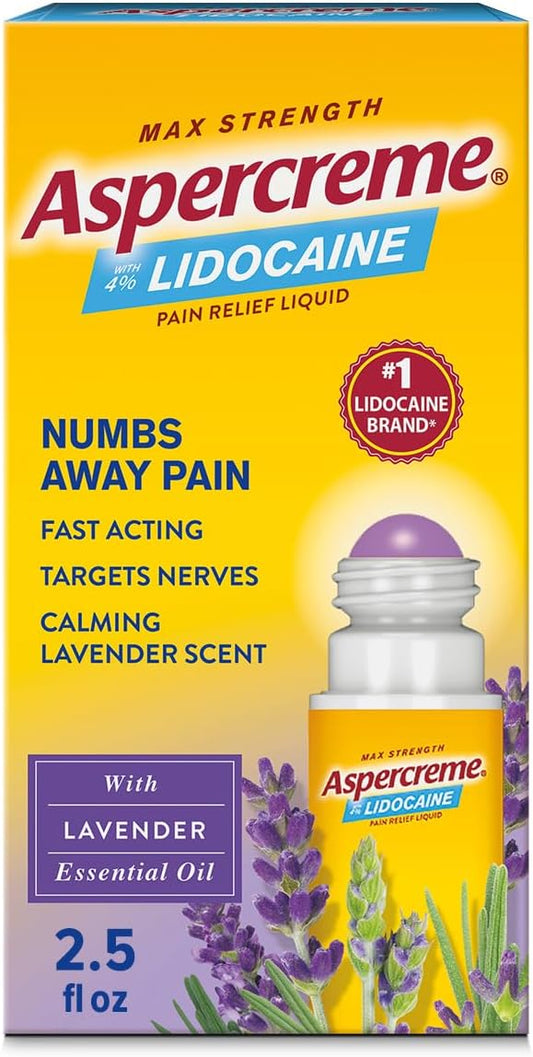 Aspercreme Essential Oils Lidocaine Pain Relief With Lavender, Roll-On No Mess Applicator, 2.5 oz.