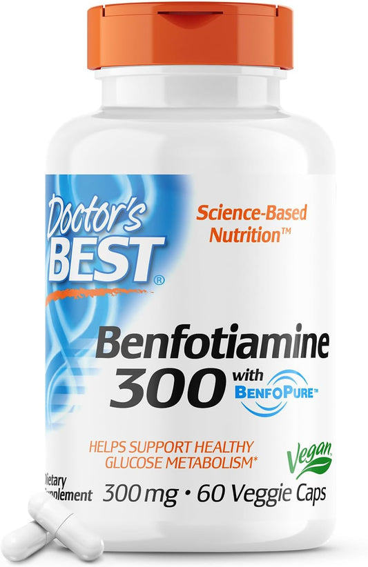 Doctor's Best Benfotiamine 300 with BenfoPure, Helps Maintain Healthy Glucose Metabolism, Non-GMO, Vegan, Gluten Free, Soy Free, 300 mg, 60 Veggie Caps