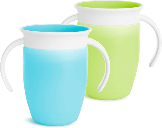 Munchkin® Miracle® 360 Trainer Sippy Cup with Handles, Spill Proof, 7 Ounce, 2 Count (Pack of 1), Green/Blue
