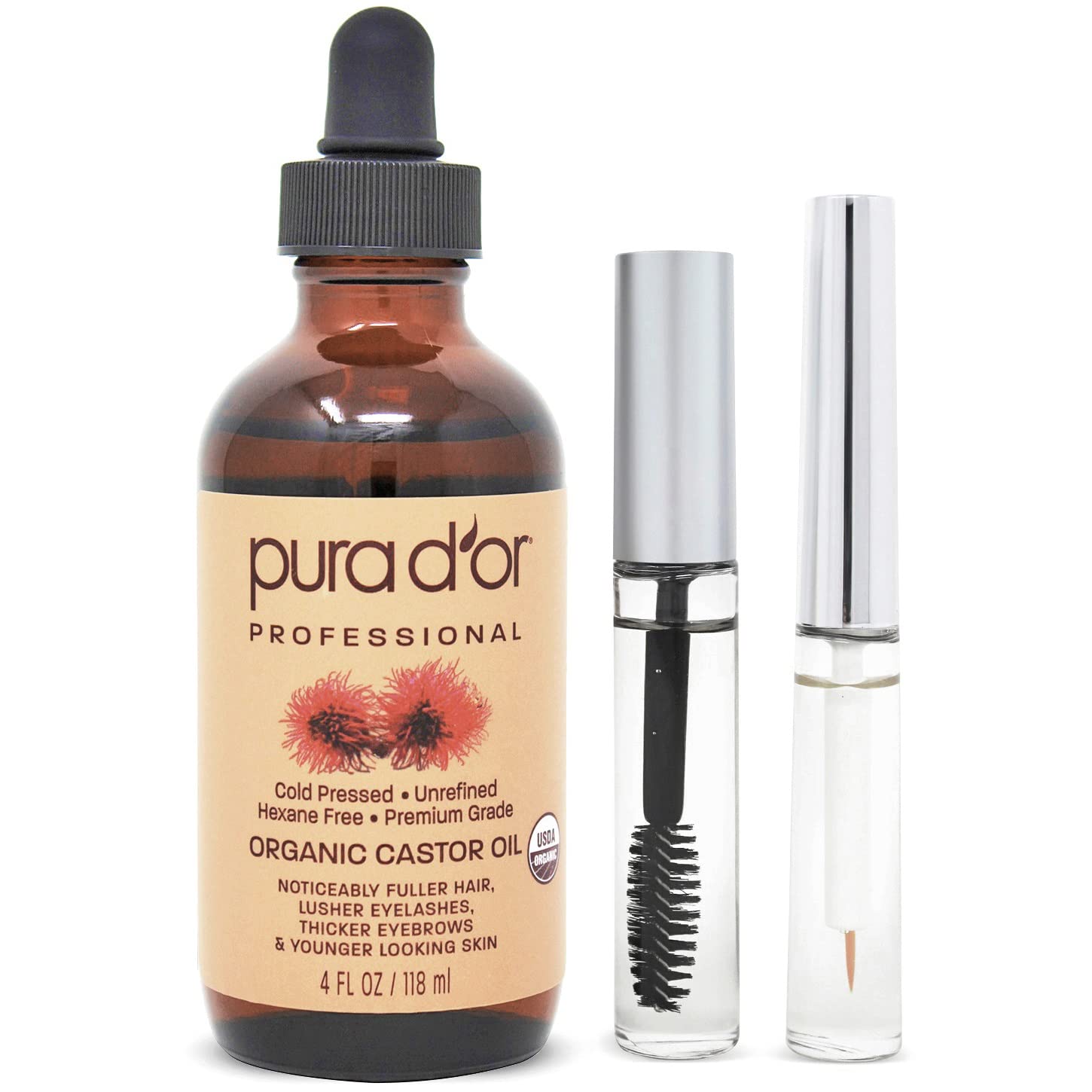 PURA D'OR Organic Castor Oil (4oz + 2 BONUS Pre-Filled Eyelash & Eyebrow Brushes) 100% Pure, Cold Pressed, Hexane Free Serum For Fuller, Thicker...