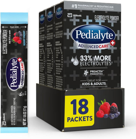 Pedialyte AdvancedCare Plus Electrolyte Powder, with 33% More Electrolytes and PreActive Prebiotics, Berry Frost, Drink Powder Packets, 0.6 oz, 18 Count