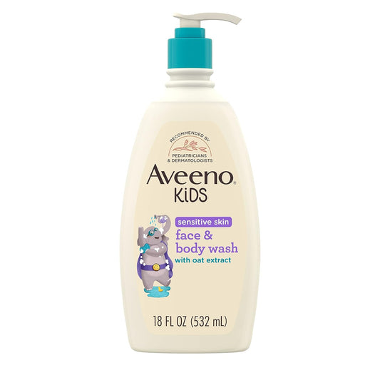 Aveeno Kids Sensitive Skin Face & Body Wash with Oat Extract, Gently Washes Away Dirt & Germs Without Drying, Tear-Free & Suitable for All Skin Tones, Hypoallergenic, 18 fl. Oz
