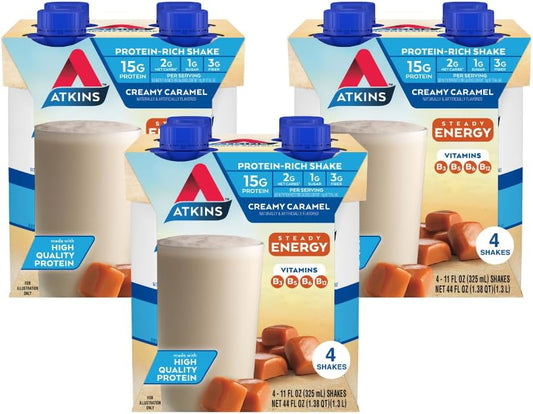 Atkins Energy Shake Creamy Caramel, with B Vitamins and Protein. Keto-Friendly and Gluten Free 4 Count(Pack of 3)