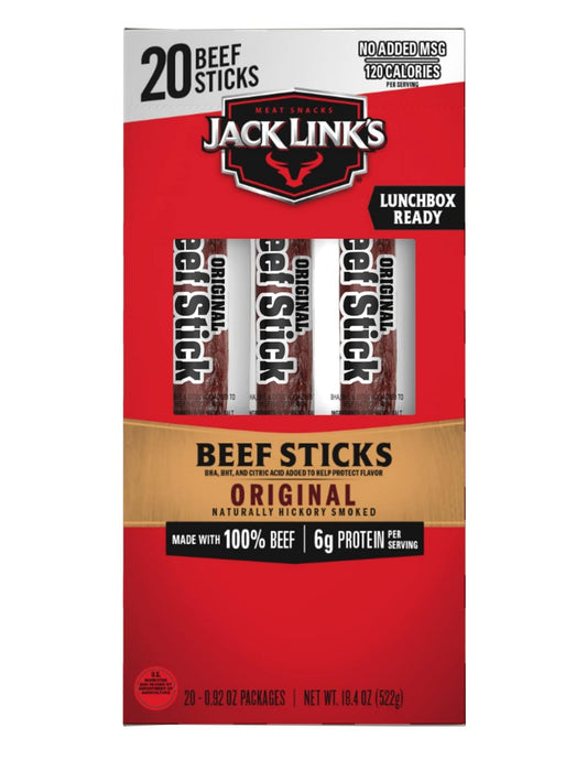 Jack Link's Beef Sticks, Original – Protein Snack, Meat Stick with 6g of Protein, Made with 100% Beef, Individually Wrapped Beef Snack Sticks – 0.92 Oz. (20 Count)