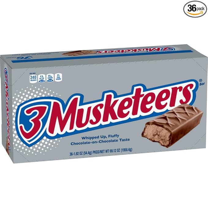 3 MUSKETEERS Milk Chocolate Candy Bars - Full Size Chocolate Bars, 1.92 oz Candy Bar (Pack of 36) Bulk Box