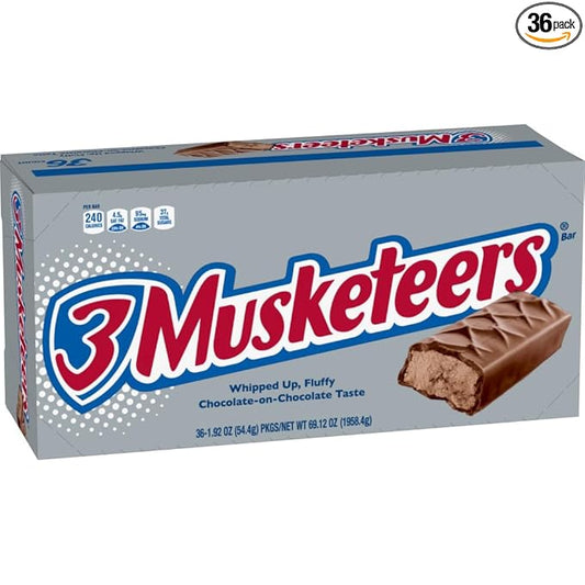 3 MUSKETEERS Milk Chocolate Candy Bars - Full Size Chocolate Bars, 1.92 oz Candy Bar (Pack of 36) Bulk Box