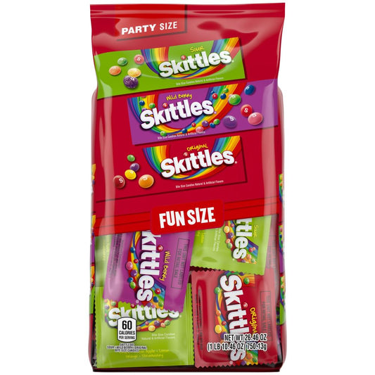 SKITTLES Original, SKITTLES Wild Berry & SKITTLES Sour Fun Size Chewy Candy Variety Pack, Party Size, 26.46 Oz Bulk Bag
