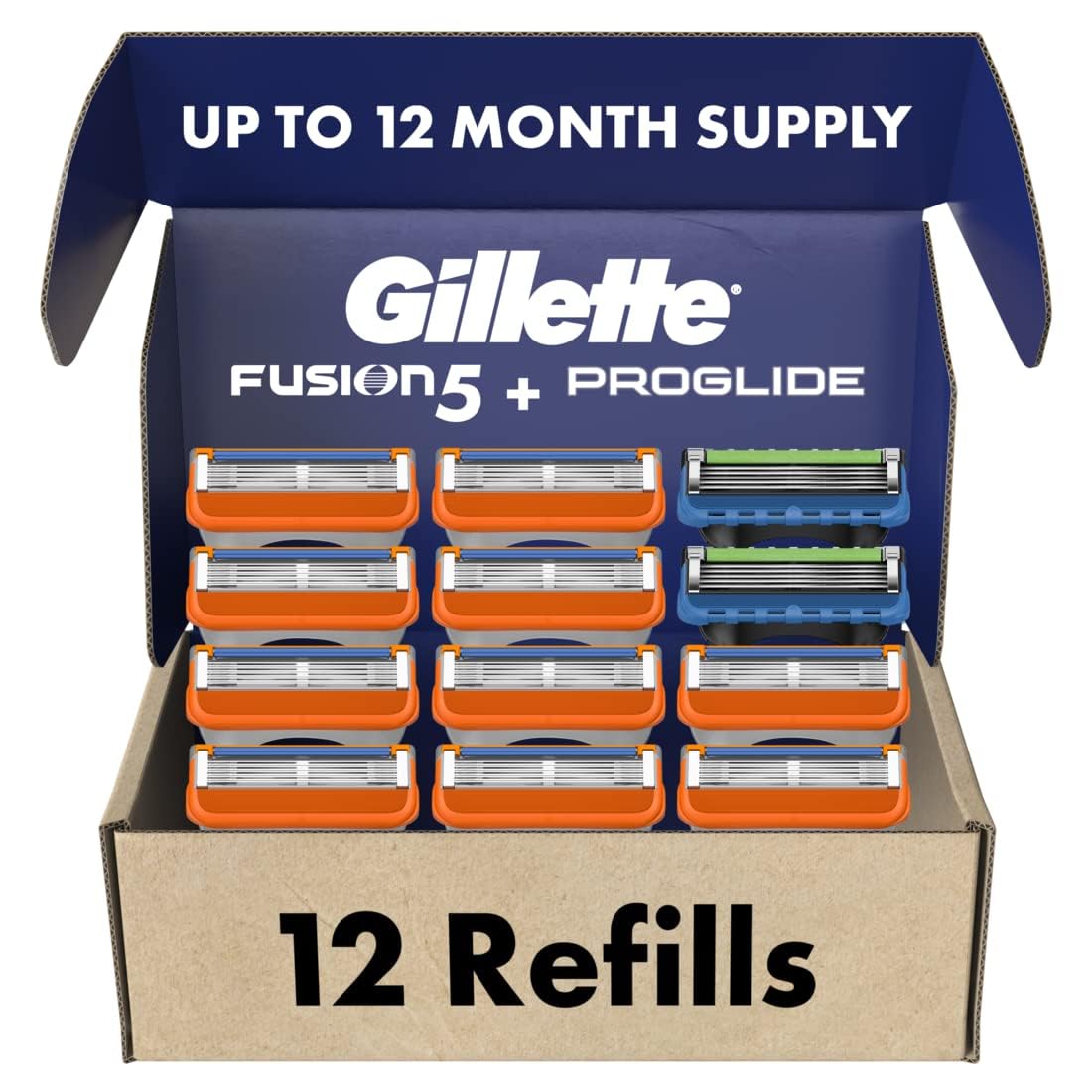 Gillette Mens Razor Blade Refills, 10 Fusion5 Cartridges, 2 ProGlide Cartridges, Lubrastrip for a More Comfortable Shave 12 Count(Pack of 1)