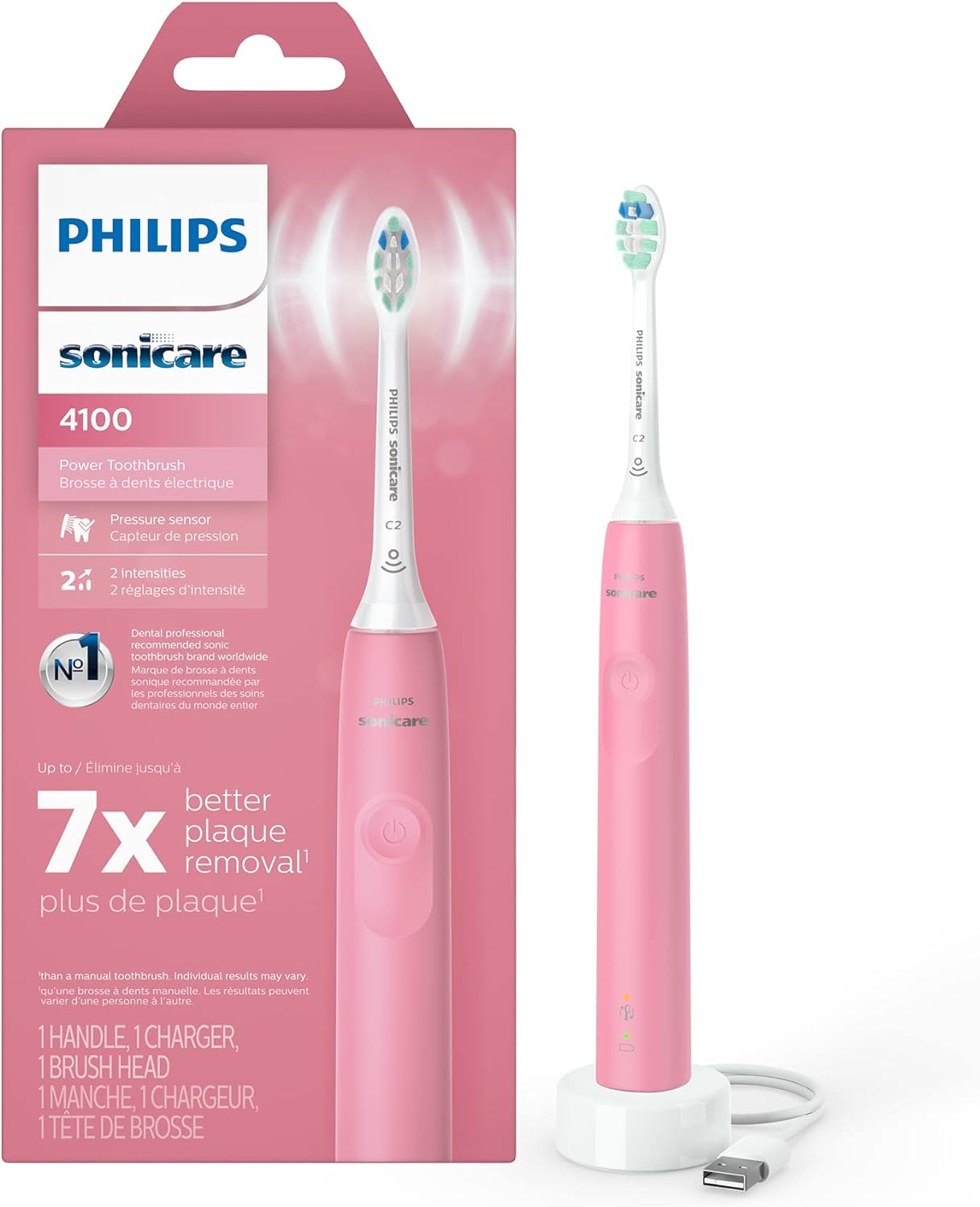 Philips Sonicare 4100 Power Toothbrush, Rechargeable Electric Toothbrush with Pressure Sensor, Deep Pink HX3681/26
