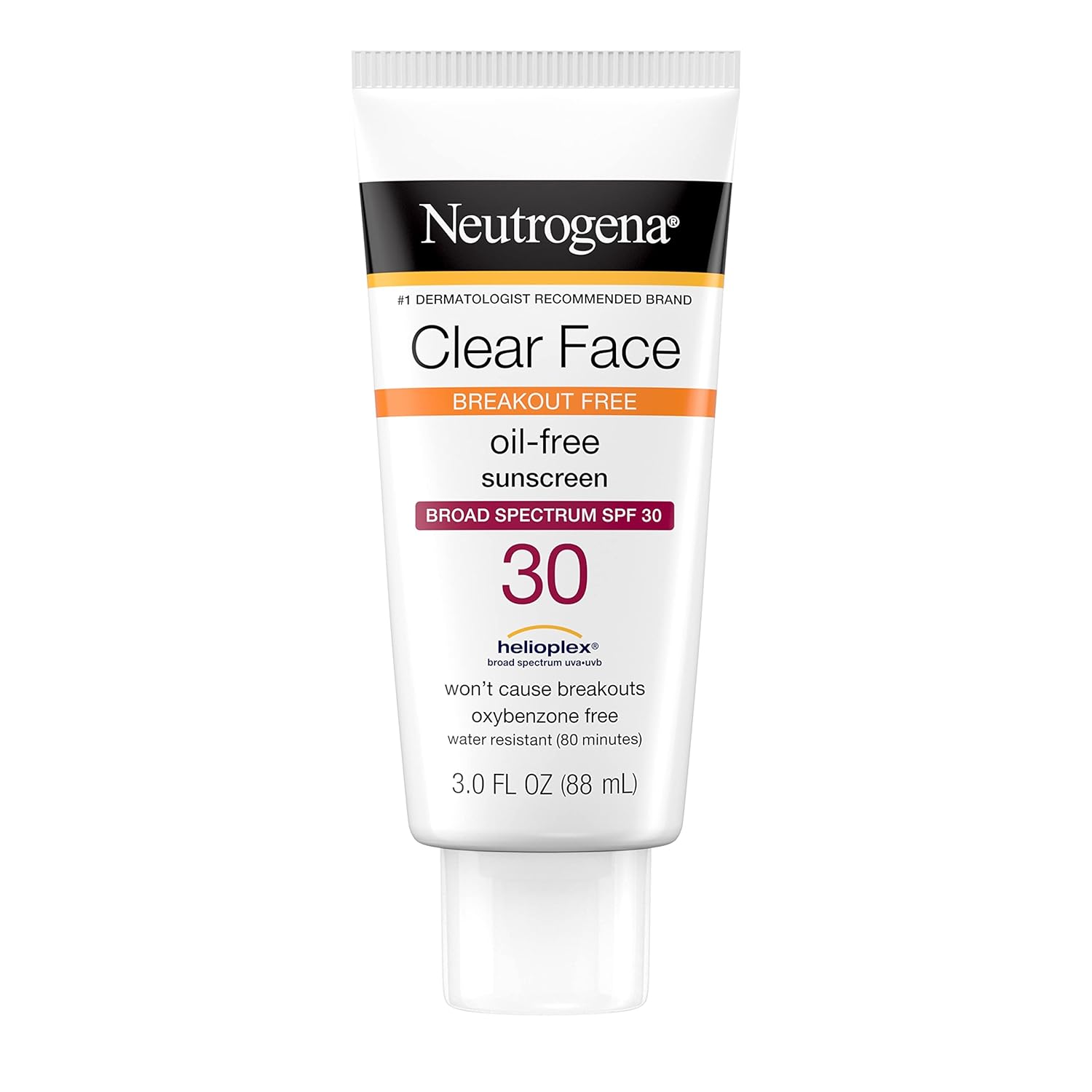 Neutrogena Clear Face Liquid Sunscreen for Acne-Prone Skin, Broad Spectrum SPF 30 Sunscreen Lotion with Helioplex, Oxybenzone-Free, Oil-Free, Fragrance-Free; Non-Comedogenic, 3 fl. oz
