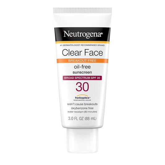 Neutrogena Clear Face Liquid Sunscreen for Acne-Prone Skin, Broad Spectrum SPF 30 Sunscreen Lotion with Helioplex, Oxybenzone-Free, Oil-Free, Fragrance-Free; Non-Comedogenic, 3 fl. oz