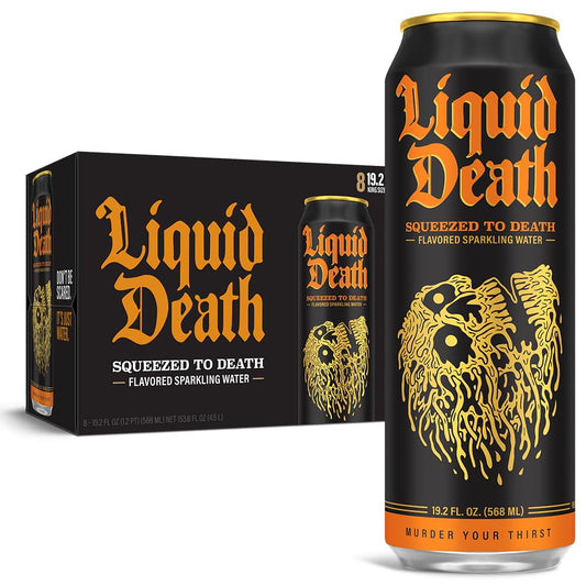 Liquid Death, Squeezed To Death Sparkling Water, Orange Flavored Sparkling Beverage Sweetened With Real Agave, Low Calorie & Low Sugar, 8-Pack (King...