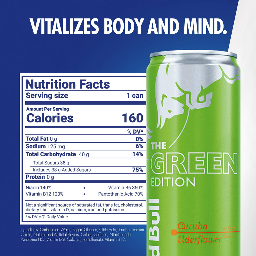 Red Bull Green Edition Energy Drink, Curuba Elderflower, 12 fl. oz., 6 x 4 Cans, 114mg Caffeine