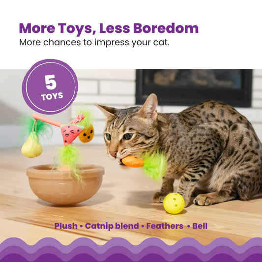 Catstages Hunt N' Wobble Fruit Bowl Wobbling Cat Toy with Five Catnip Toys, Jingle Ball, and Flingers, Multicolored