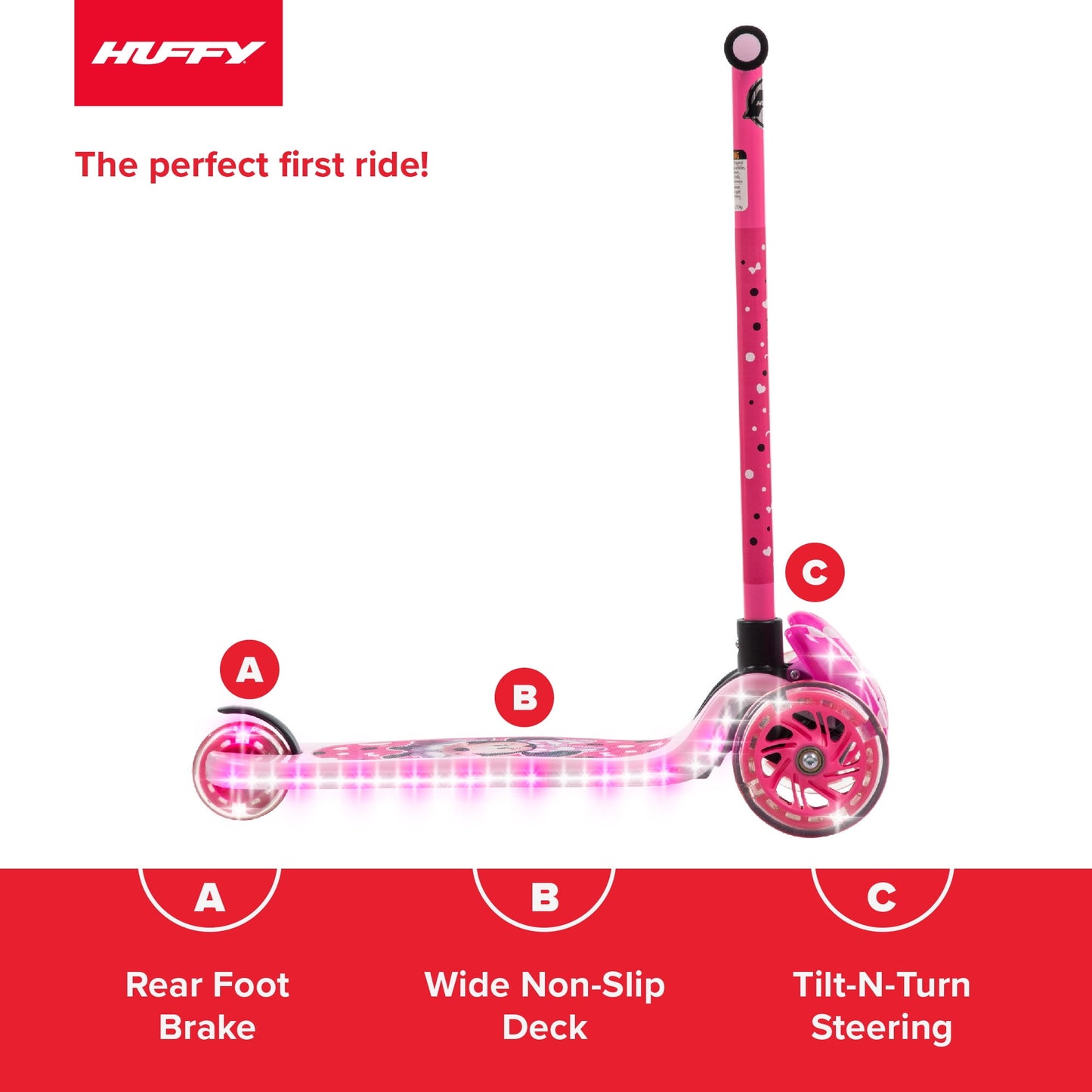 Huffy Disney Minnie Mouse Light-Up Toddler Scooter, 3-Wheel Design, Ages 3+, Pink