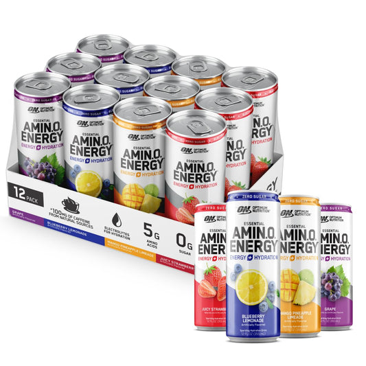 Optimum Nutrition Amino Energy Sparkling Hydration Drink, Electrolytes, Caffeine, Amino Acids, BCAAs, Sugar Free, 12 Fl Oz, Variety Pack of 12 (Packaging...