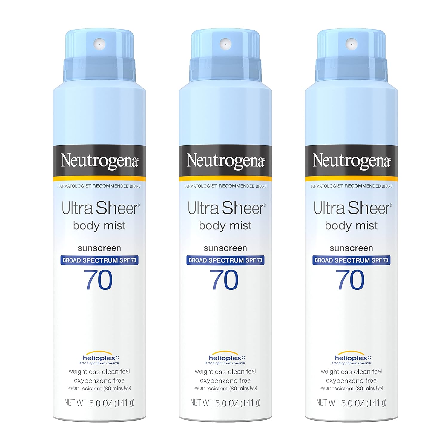 Neutrogena Ultra Sheer Body Mist SPF 70 Sunscreen Spray, Broad Spectrum UVA/UVB Protection, Lightweight, Non-Greasy Water Resistant Body Sunscreen Mist, Non-Comedogenic, 5 oz