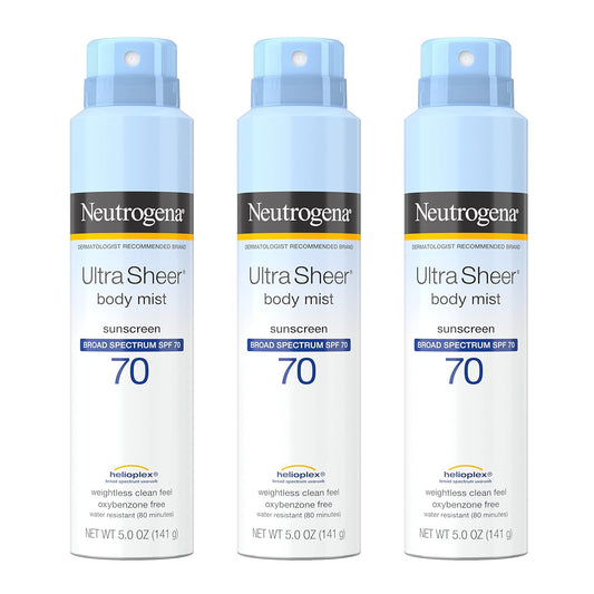 Neutrogena Ultra Sheer Body Mist SPF 70 Sunscreen Spray, Broad Spectrum UVA/UVB Protection, Lightweight, Non-Greasy Water Resistant Body Sunscreen Mist, Non-Comedogenic, 5 oz