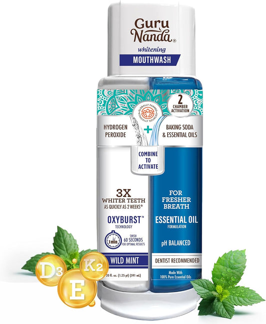 GuruNanda Dual Barrel Oxyburst Whitening Mouthwash - Contains Hydrogen Peroxide to Promote Whiter Teeth - Alcohol & Fluoride Free Rinse with 100% Natural Essential Oils, Wild Mint Flavor - 20 Fl Oz