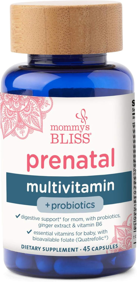 Mommy's Bliss Prenatal Multivitamin + Probiotic for Women w/ Folic Acid, Supports Baby Development & Mom's Digestion w/ Zinc, Vitamin B6 & B12, Ginger & Choline, Vegan & Gluten Free (45 Servings) 
