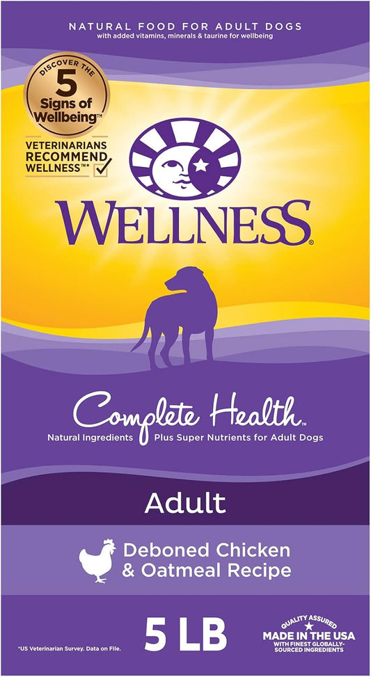 Wellness Complete Health Dry Dog Food with Grains, Natural Ingredients, Made in USA with Real Meat, All Breeds, For Adult Dogs (Chicken & Oatmeal, 5-Pound Bag)