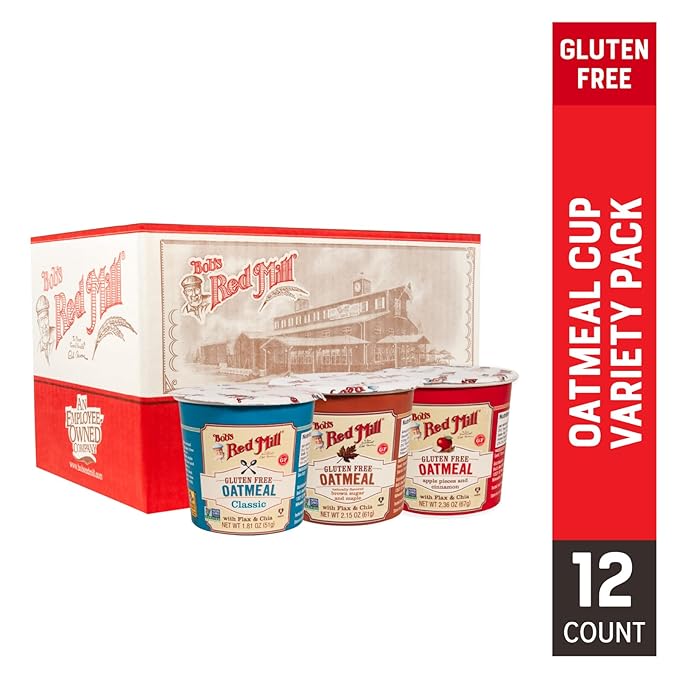 Bob's Red Mill Oatmeal Cup Variety Pack (Classic, Maple, Apple), 1 cup (Pack of 12) - Non GMO, Whole Grain, Kosher