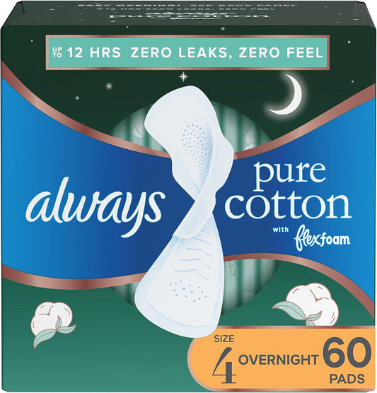 Always Pure Cotton, Feminine Pads for Women, Size 4 Overnight Absorbency, Multipack, with Flexfoam, with Wings, Unscented, 20 Count x 3 Packs (60 Count total)